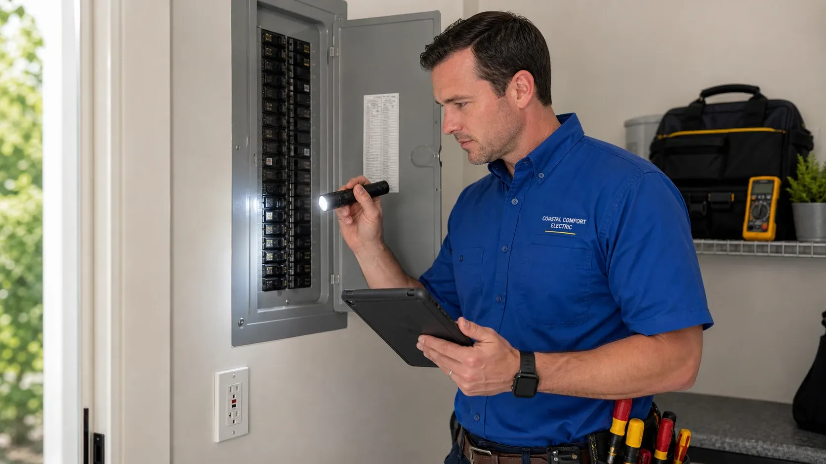 Panel Safety Review Coastal Comfort Electric technician reviewing a residential electrical panel during a safety inspection.