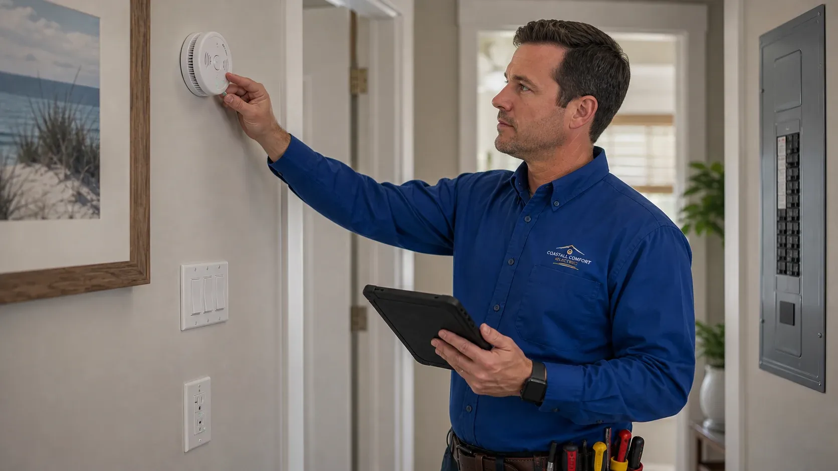 Smoke Detector And Device Review Coastal Comfort Electric technician checking a smoke detector during a residential electrical safety inspection.