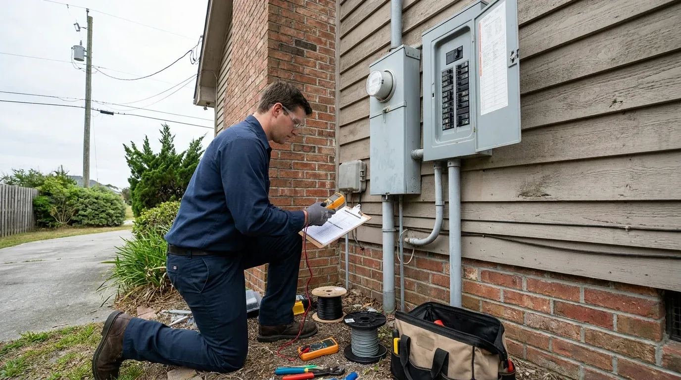 Coastal Comfort Electric technician evaluating residential electrical service equipment for an upgrade in Wilmington.