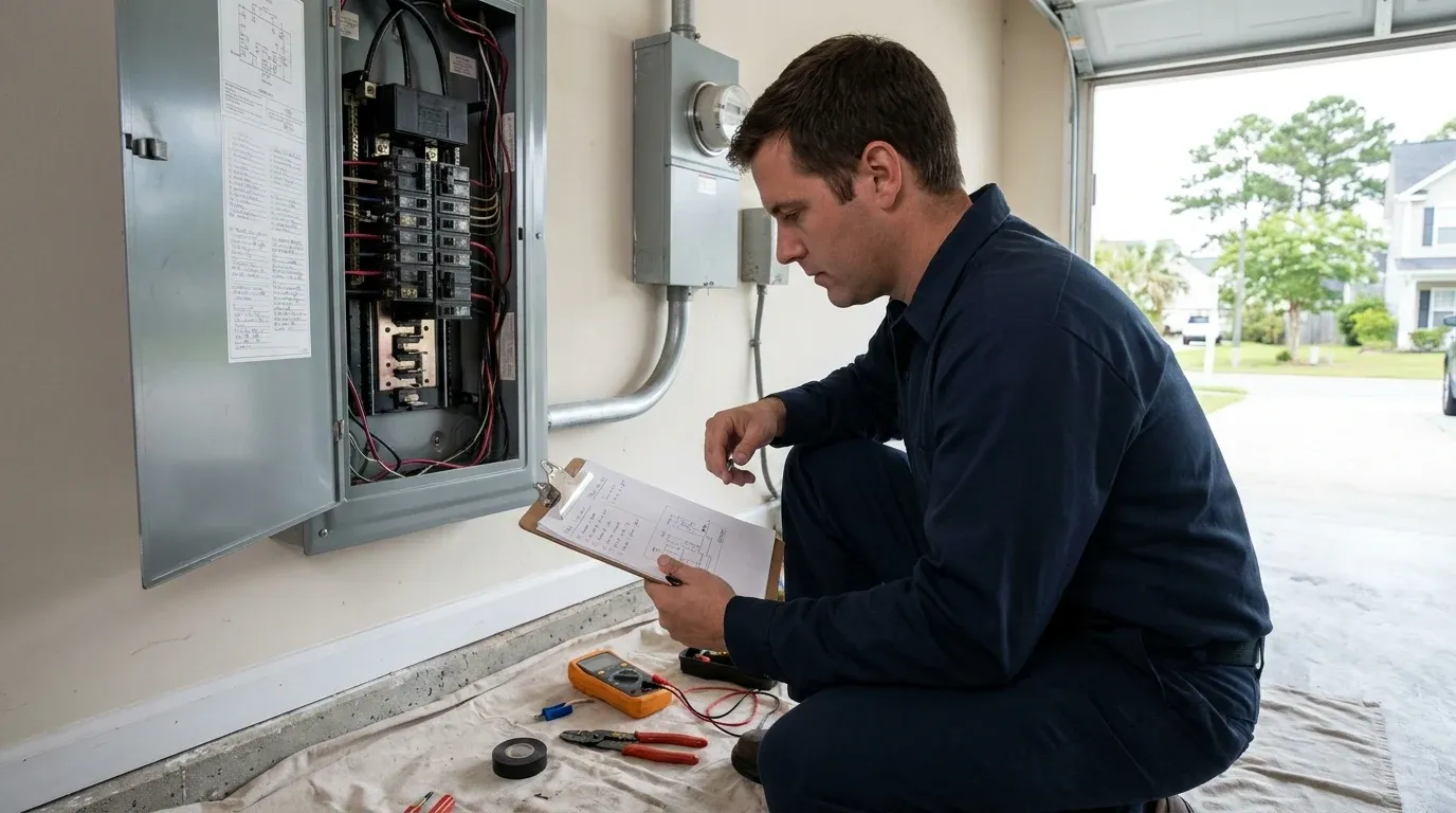 Coastal Comfort Electric technician reviewing notes for a residential electrical service upgrade.
