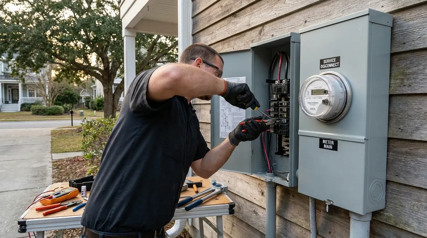 Coastal Comfort Electric technician reviewing residential service equipment during upgrade planning.