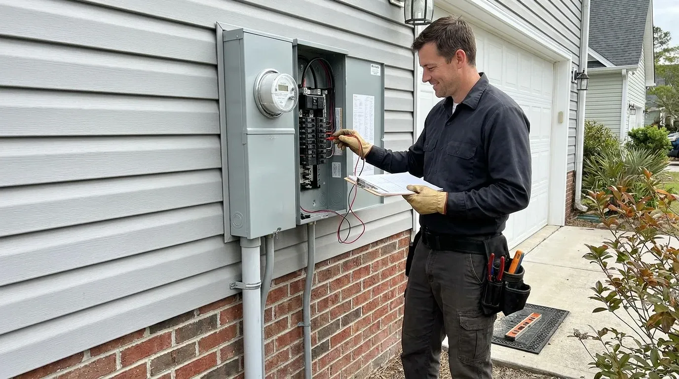 Coastal Comfort Electric technician verifying residential service upgrade work in a utility area.