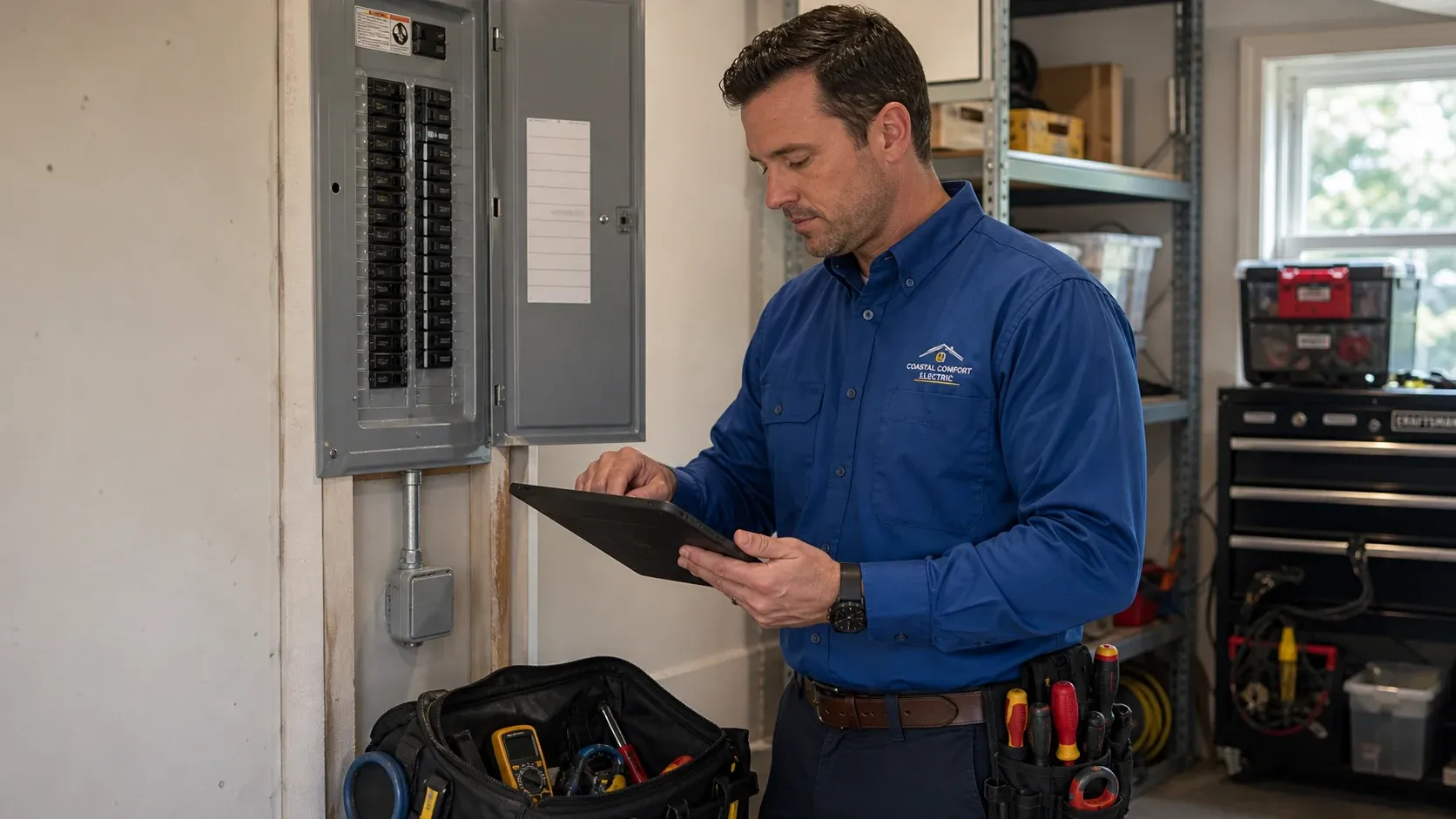 Troubleshooting Notes And Next Steps Coastal Comfort Electric technician reviewing diagnostic notes near a residential electrical panel.