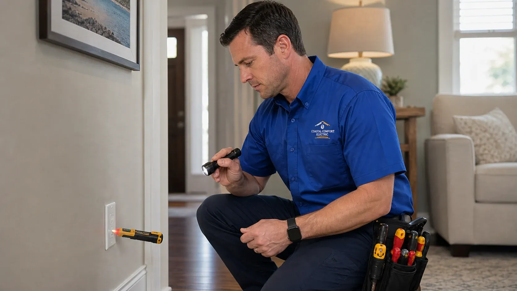 Outlet Testing During Troubleshooting Coastal Comfort Electric technician testing an outlet during a residential electrical troubleshooting visit.