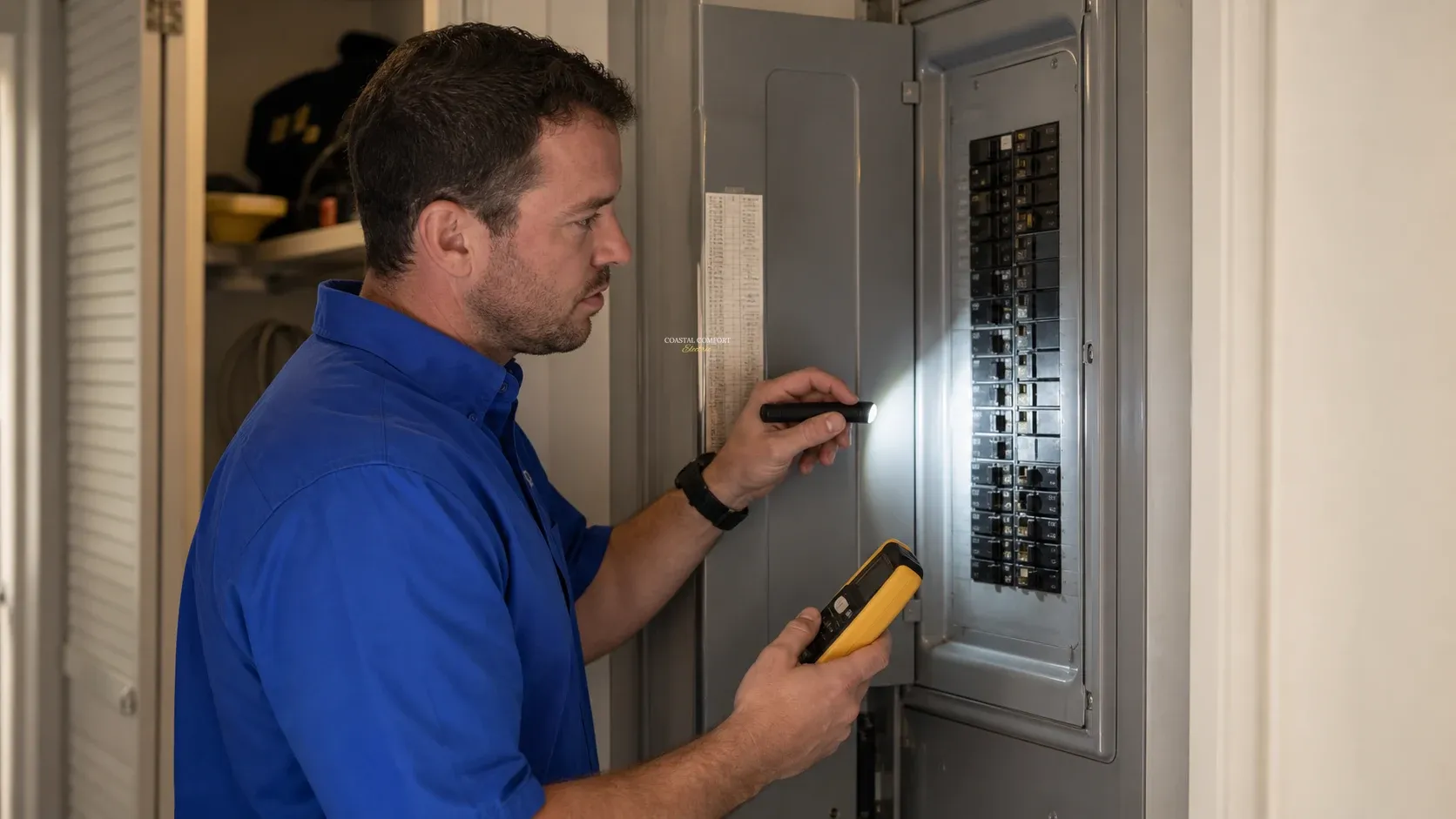 Coastal Comfort Electric technician checking a residential electrical panel during troubleshooting.