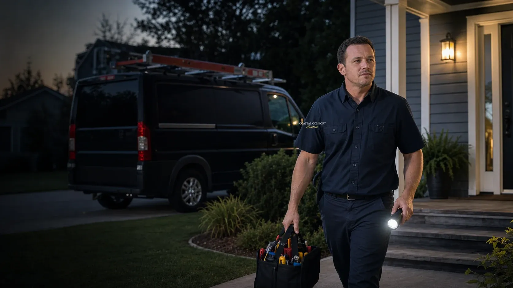 Coastal Comfort Electric technician approaching a home with tools for an urgent residential electrical service call.