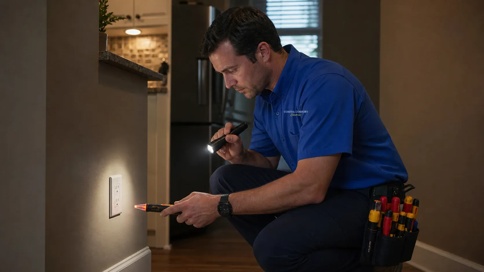 Coastal Comfort Electric technician checking an outlet during an urgent residential electrical concern.