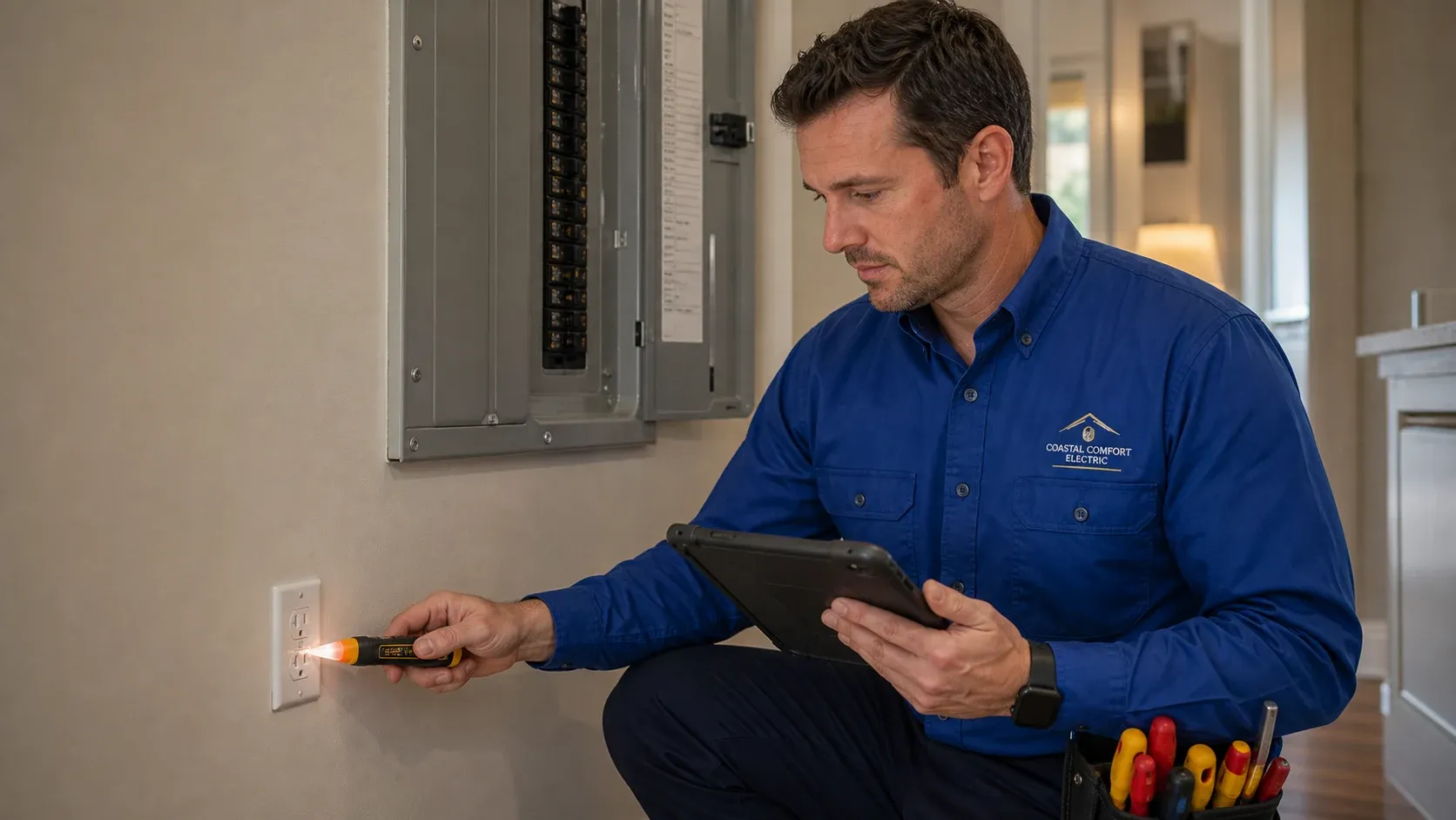 Safe Follow-Up Electrical Check Coastal Comfort Electric technician reviewing an outlet and panel area after an urgent electrical concern.