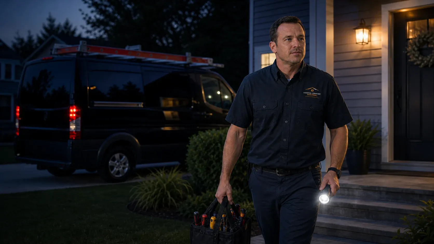 Urgent Electrical Service Arrival Coastal Comfort Electric technician arriving with tools for an urgent residential electrical service call.