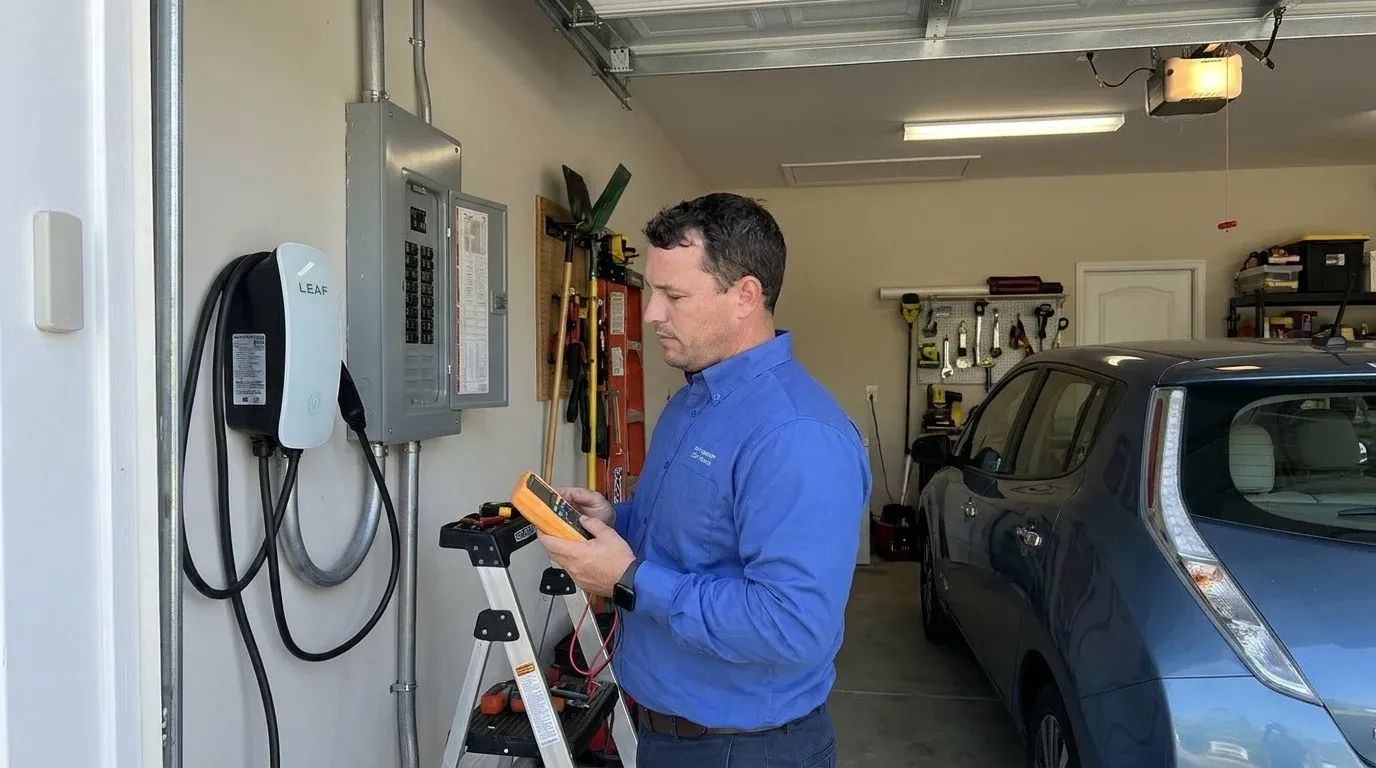 Coastal Comfort Electric technician verifying EV charger installation work in a Wilmington-area home.