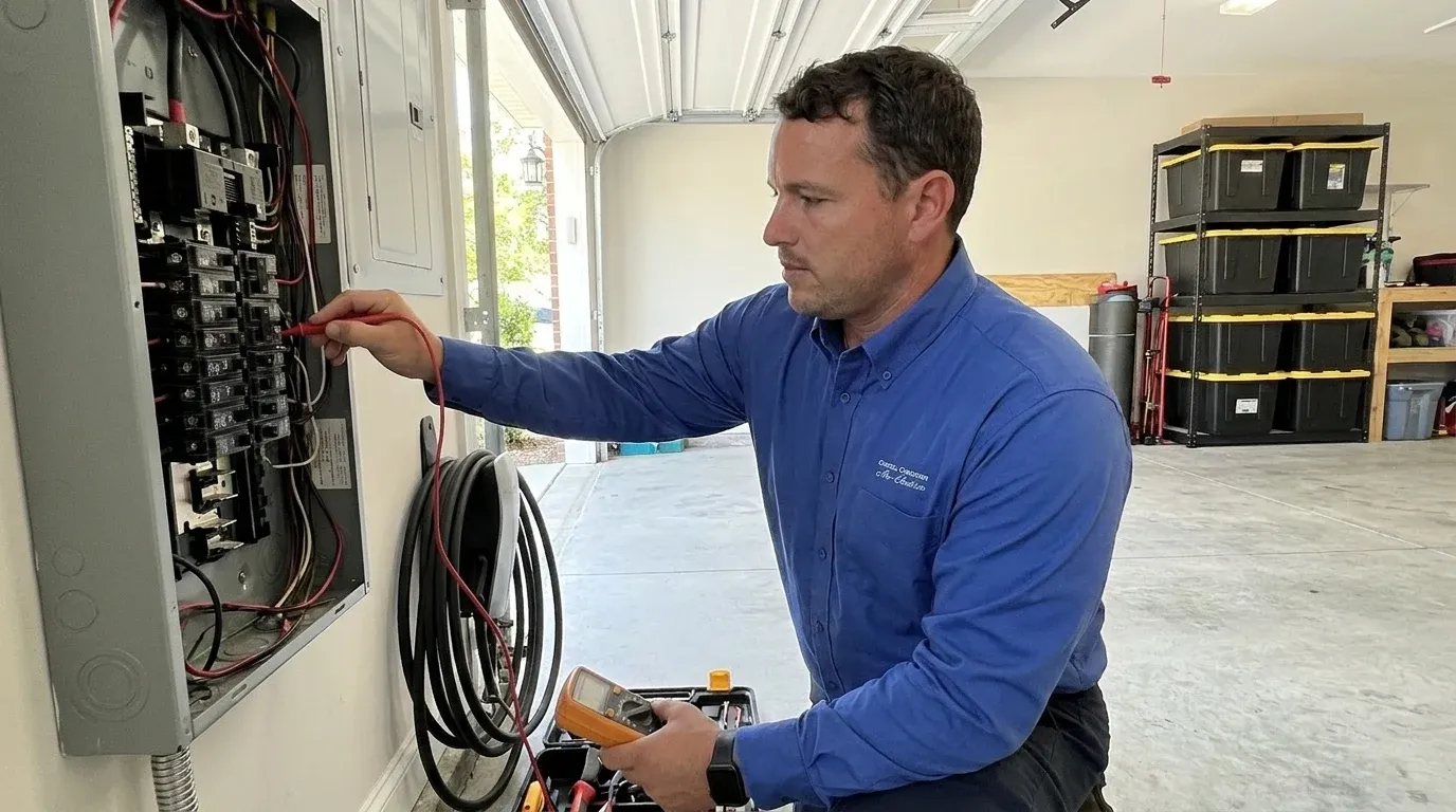 Coastal Comfort Electric EV Charger Installation Field Review Coastal Comfort Electric technician checking electrical conditions for EV charger installation at a Wilmington-area home.