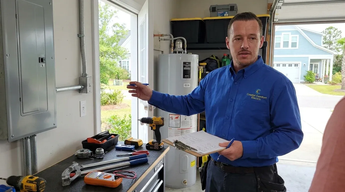 Coastal Comfort Electric EV Charger Installation Planning Coastal Comfort Electric technician reviewing notes and materials for EV charger installation planning.