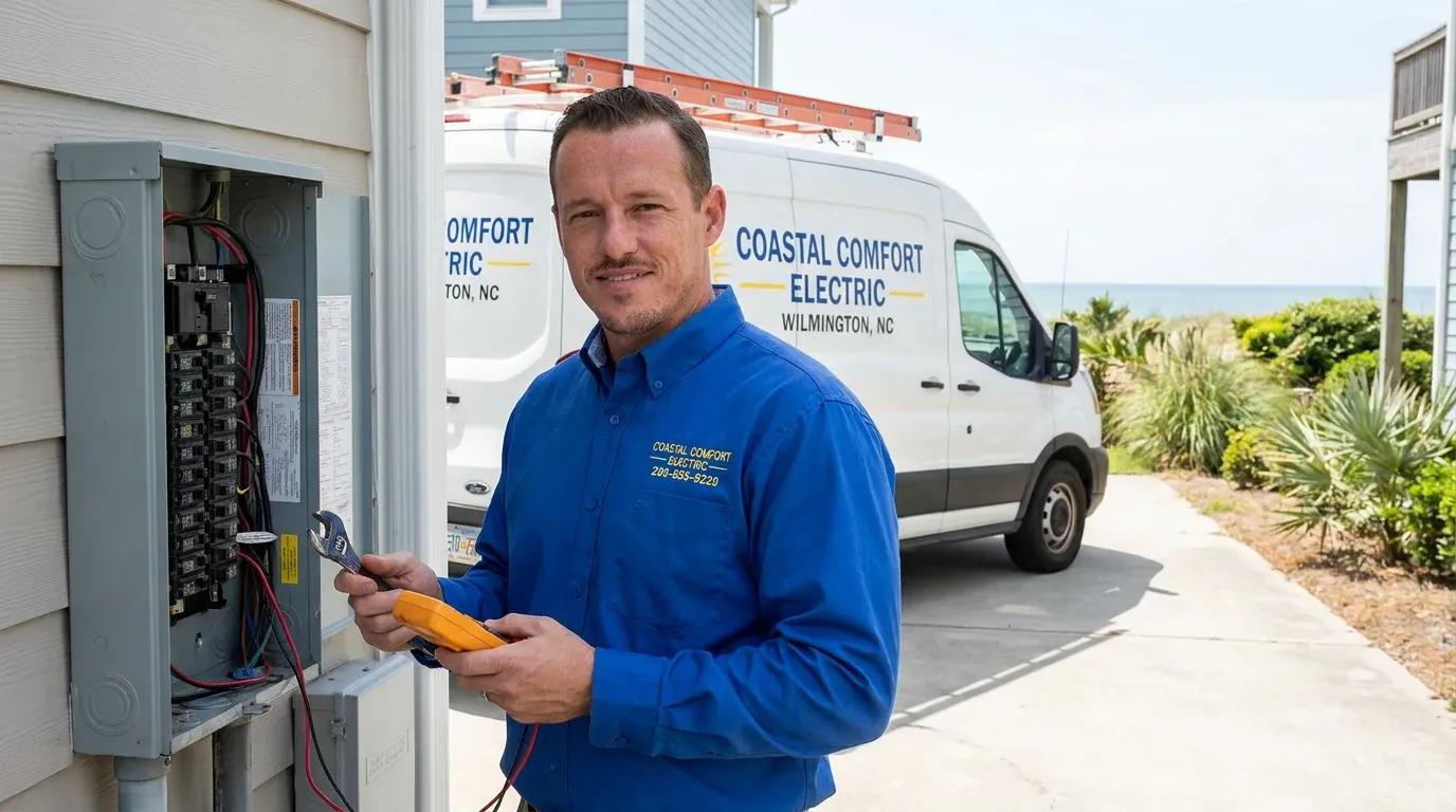 Coastal Comfort Electric technician reviewing EV charger installation needs at a Wilmington-area home.
