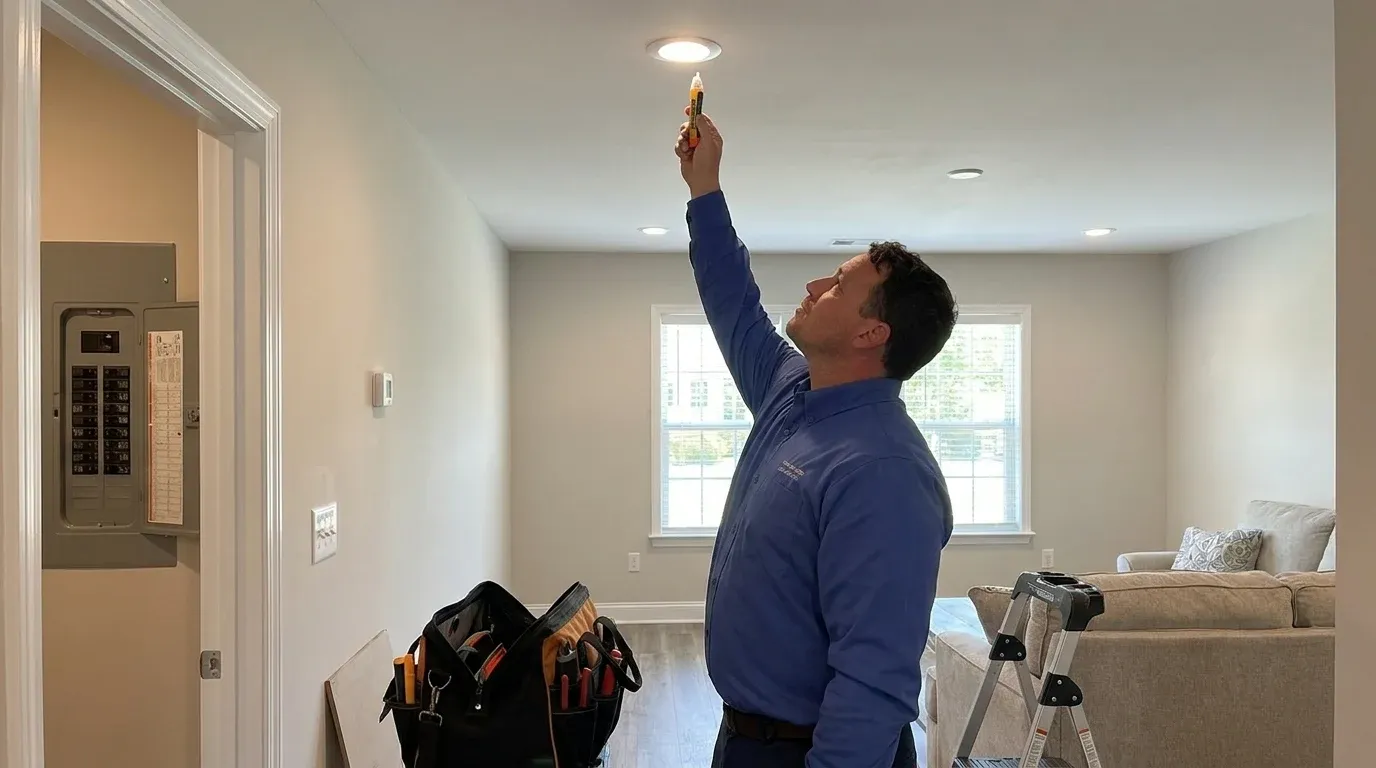Coastal Comfort Electric technician verifying flickering lights repair work in a Wilmington-area home.