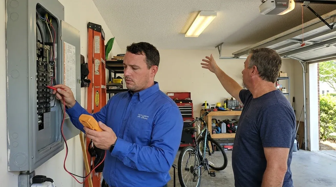 Coastal Comfort Electric Flickering Lights Repair Field Review Coastal Comfort Electric technician checking electrical conditions for flickering lights repair at a Wilmington-area home.