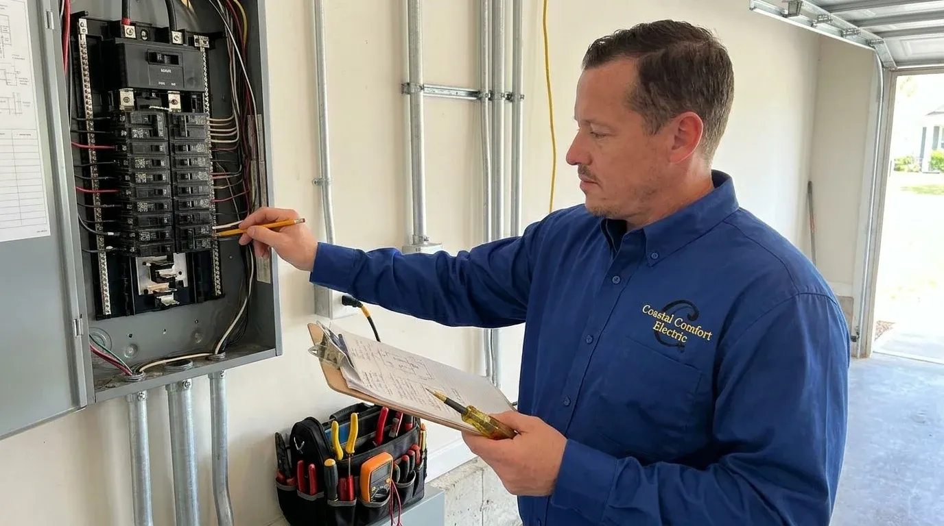 Coastal Comfort Electric Flickering Lights Repair Planning Coastal Comfort Electric technician reviewing notes and materials for flickering lights repair planning.