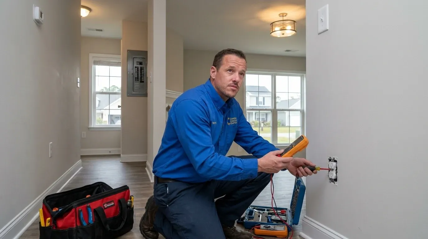 Coastal Comfort Electric technician reviewing flickering lights repair needs at a Wilmington-area home.