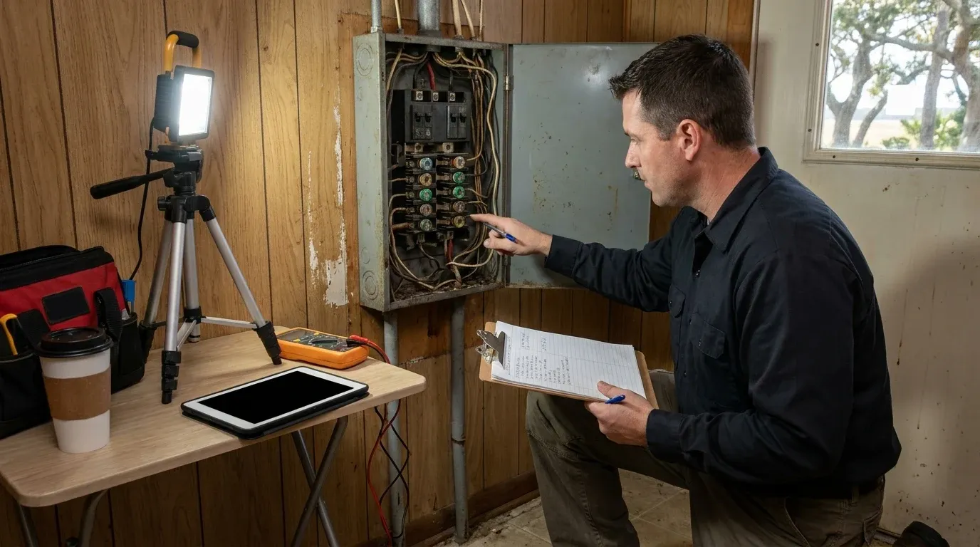 Coastal Comfort Electric Fuse Box Replacement Planning Coastal Comfort Electric technician reviewing notes for fuse box replacement planning.