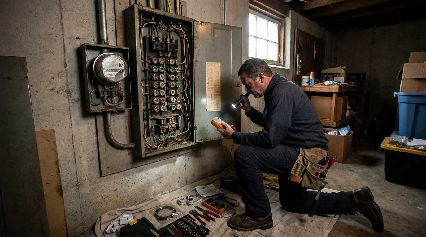 Coastal Comfort Electric technician reviewing fuse box replacement needs in a Wilmington-area home.