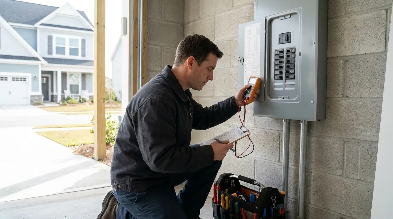 Coastal Comfort Electric technician verifying fuse box replacement work in a residential utility area.