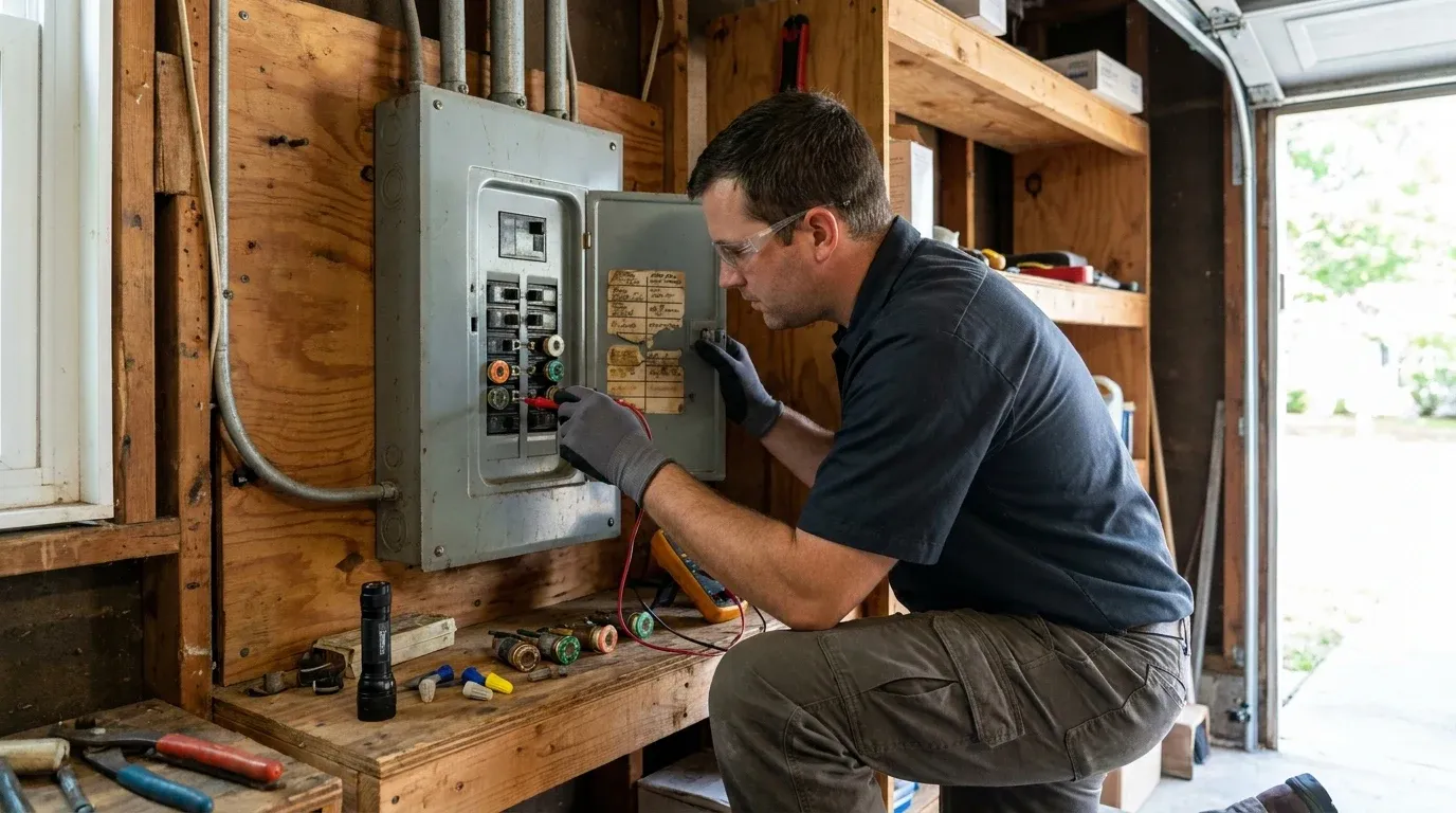 Coastal Comfort Electric Fuse Box Replacement Scope Review Coastal Comfort Electric technician checking residential electrical conditions for fuse box replacement.