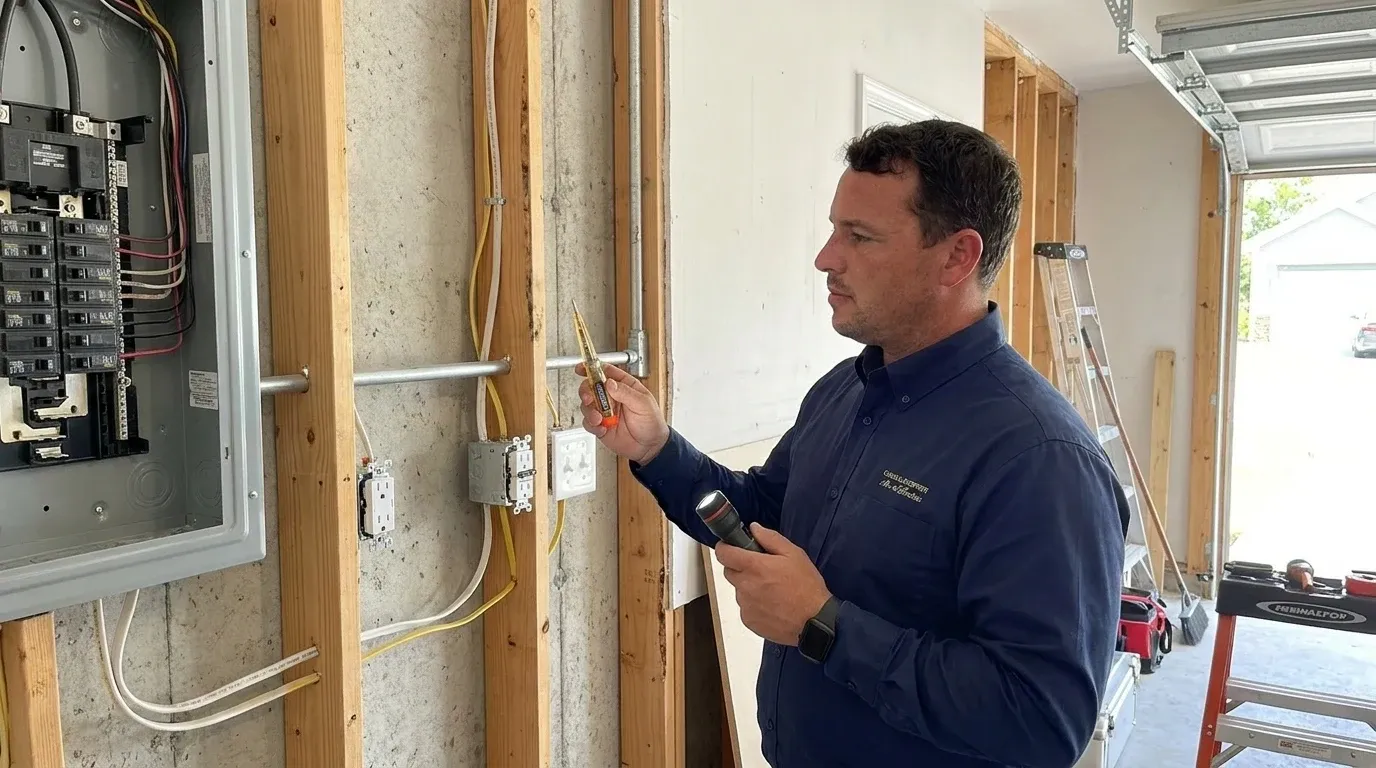 Coastal Comfort Electric technician verifying garage electrical wiring work in a Wilmington-area home.