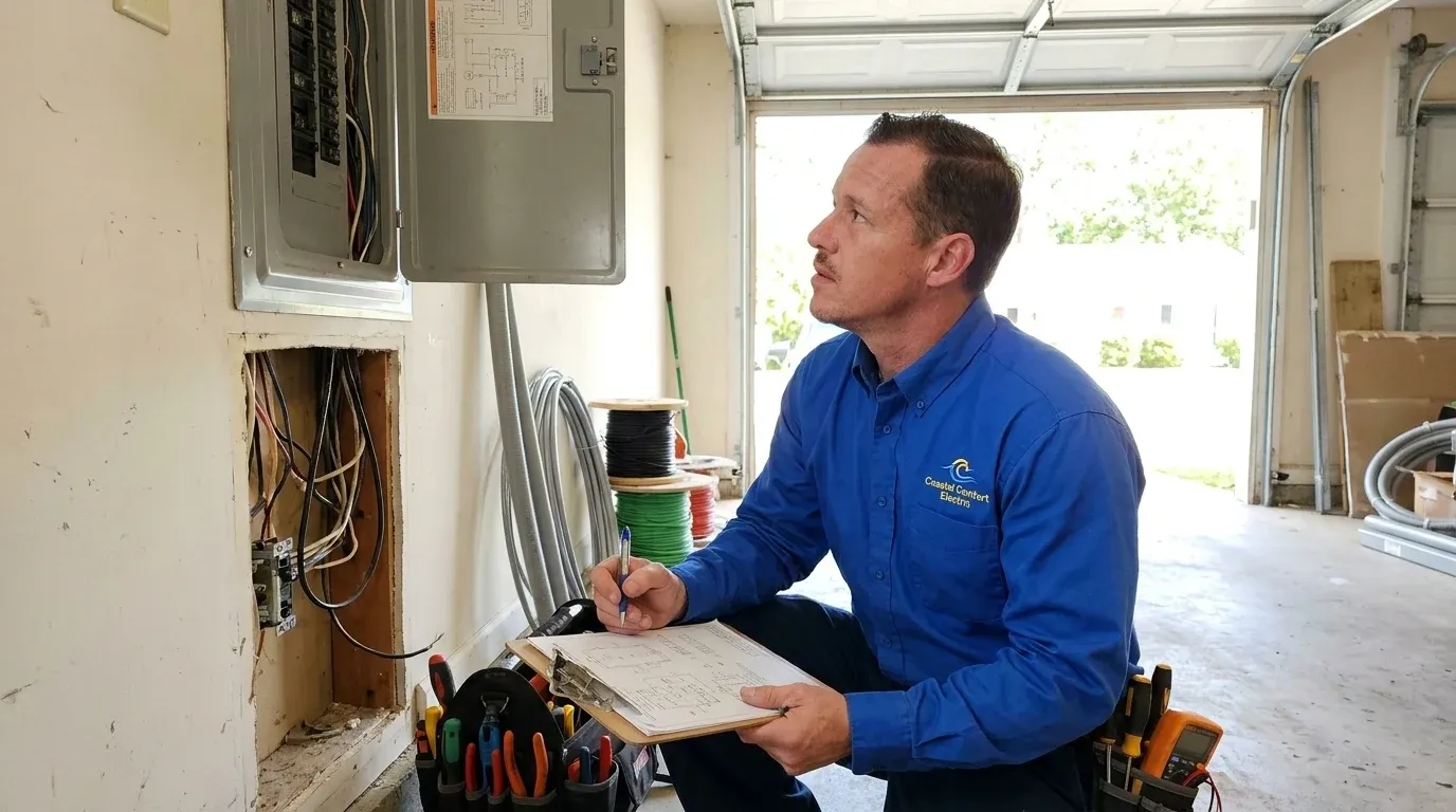 Coastal Comfort Electric Garage Electrical Wiring Planning Coastal Comfort Electric technician reviewing notes and materials for garage electrical wiring planning.