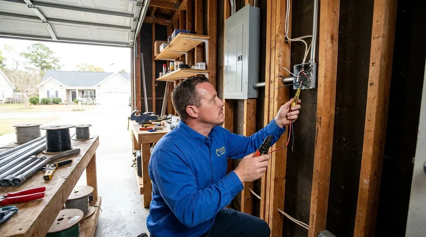 Coastal Comfort Electric technician reviewing garage electrical wiring needs at a Wilmington-area home.