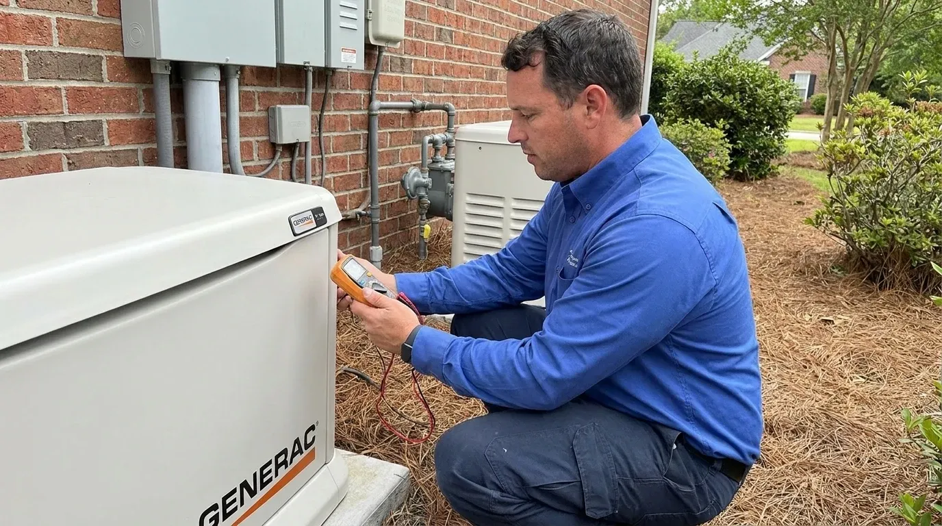 Coastal Comfort Electric Generator Installation Verification Coastal Comfort Electric technician verifying generator installation work in a Wilmington-area home.
