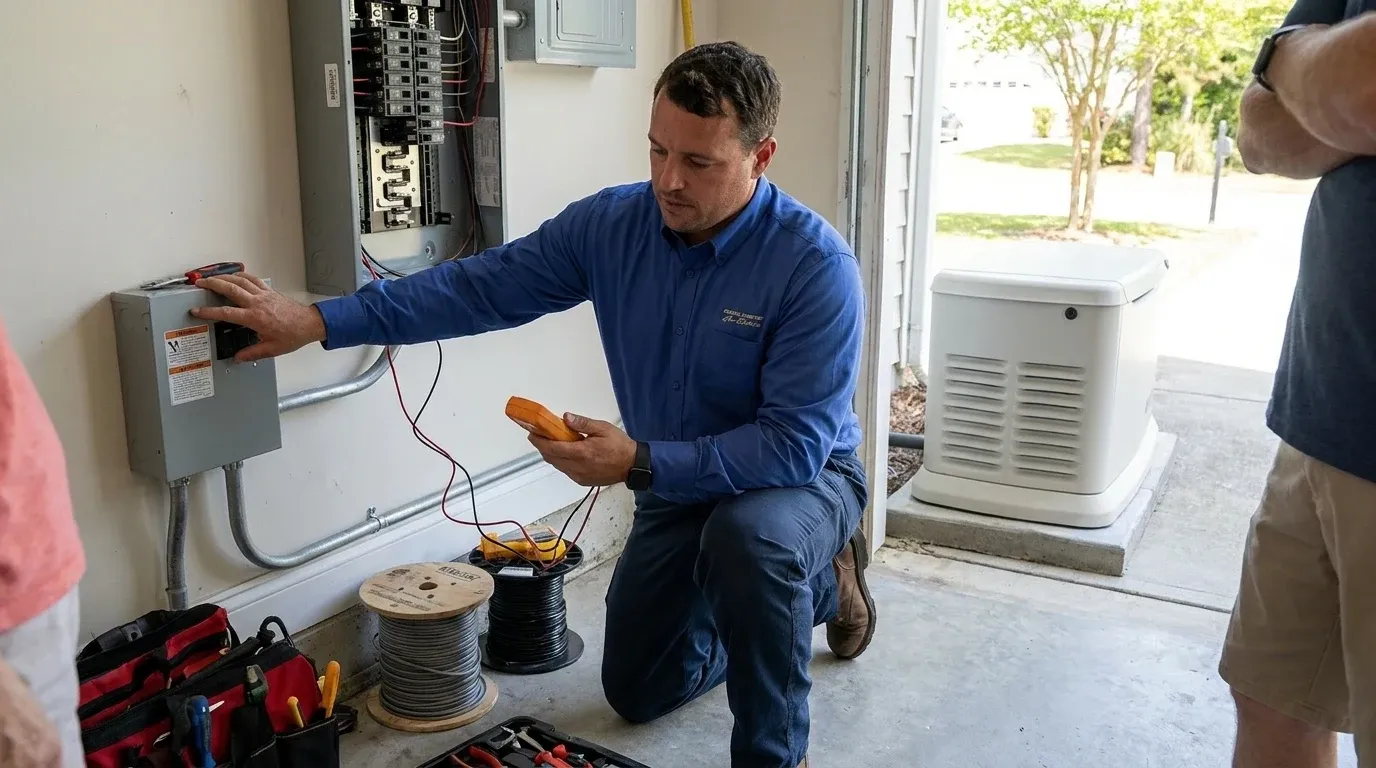 Coastal Comfort Electric Generator Installation Field Review Coastal Comfort Electric technician checking electrical conditions for generator installation at a Wilmington-area home.