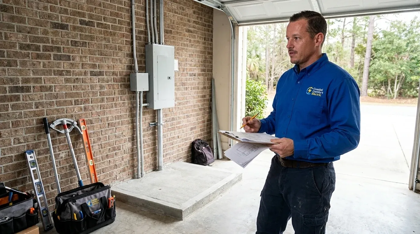 Coastal Comfort Electric Generator Installation Planning Coastal Comfort Electric technician reviewing notes and materials for generator installation planning.