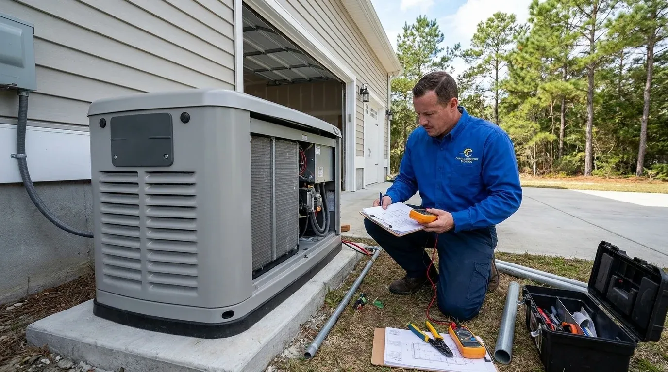 Coastal Comfort Electric technician reviewing generator installation needs at a Wilmington-area home.