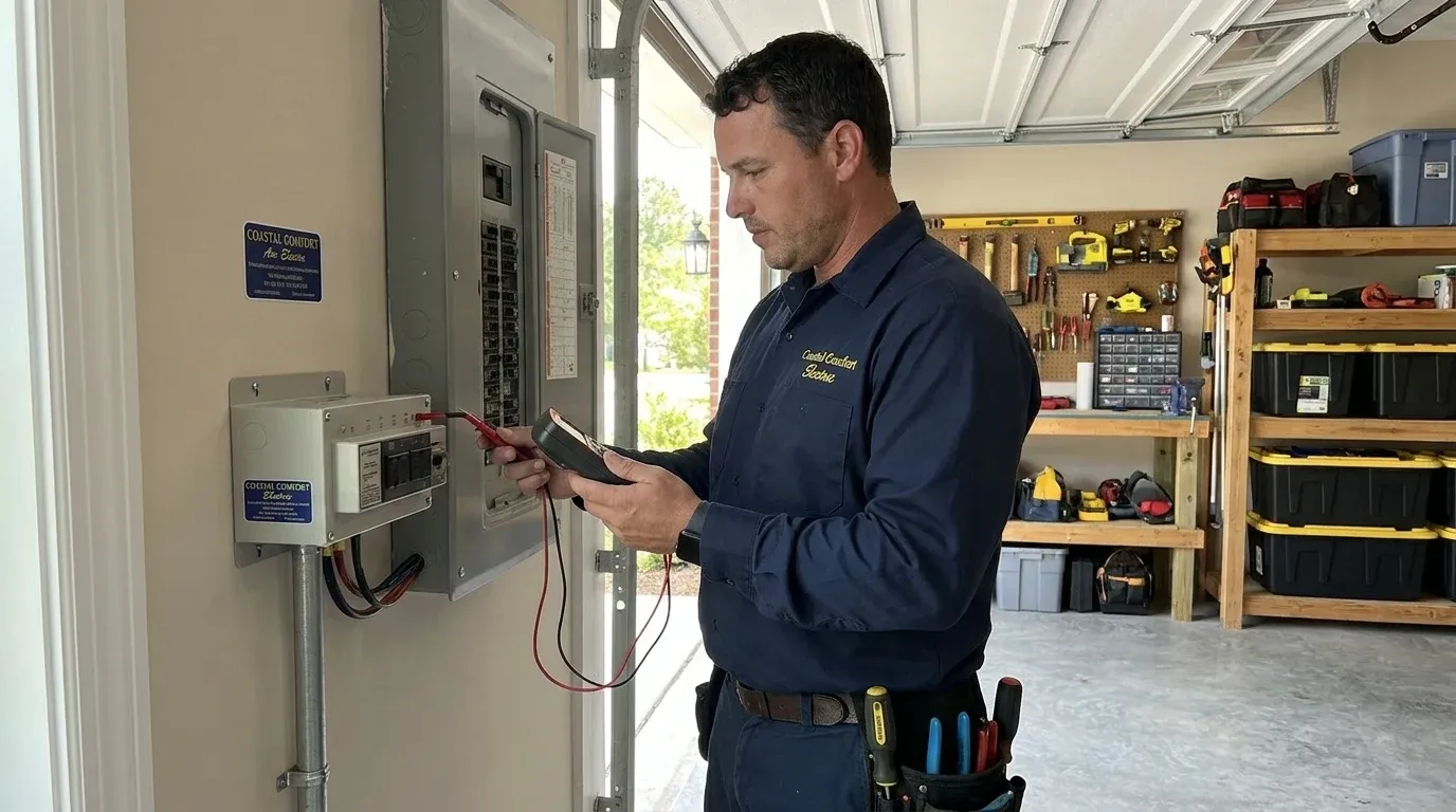 Coastal Comfort Electric technician verifying generator transfer switches work in a Wilmington-area home.