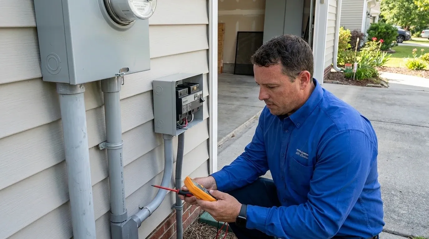 Coastal Comfort Electric Generator Transfer Switches Field Review Coastal Comfort Electric technician checking electrical conditions for generator transfer switches at a Wilmington-area home.