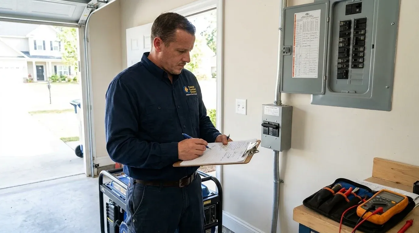 Coastal Comfort Electric Generator Transfer Switches Planning Coastal Comfort Electric technician reviewing notes and materials for generator transfer switches planning.
