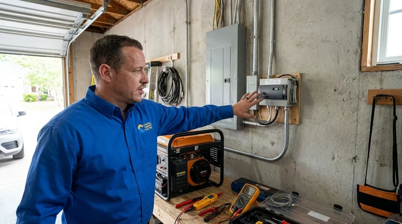 Coastal Comfort Electric technician reviewing generator transfer switches needs at a Wilmington-area home.