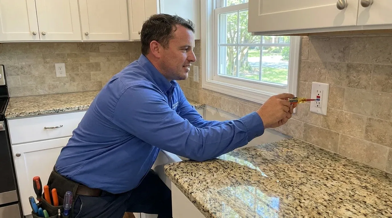Coastal Comfort Electric technician verifying GFCI outlet installation work in a Wilmington-area home.