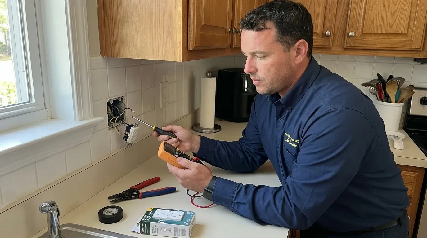 Coastal Comfort Electric technician checking electrical conditions for GFCI outlet installation at a Wilmington-area home.