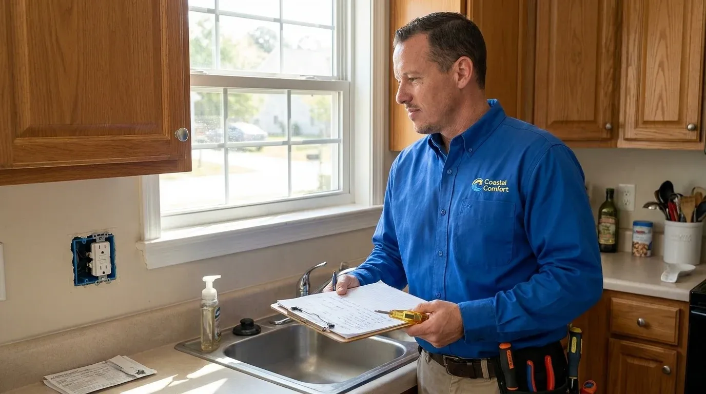 Coastal Comfort Electric technician reviewing notes and materials for GFCI outlet installation planning.