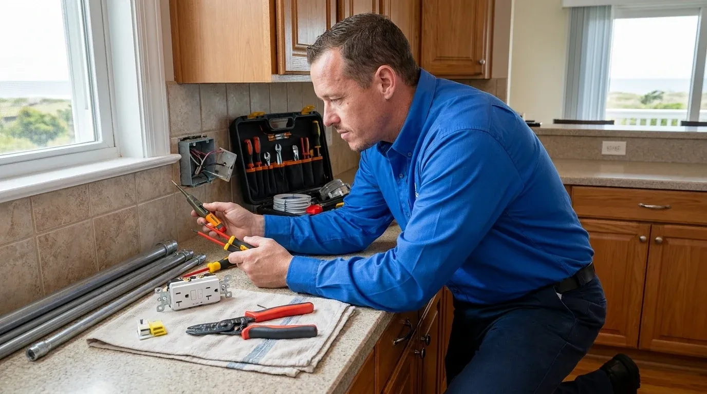 Coastal Comfort Electric technician reviewing GFCI outlet installation needs at a Wilmington-area home.