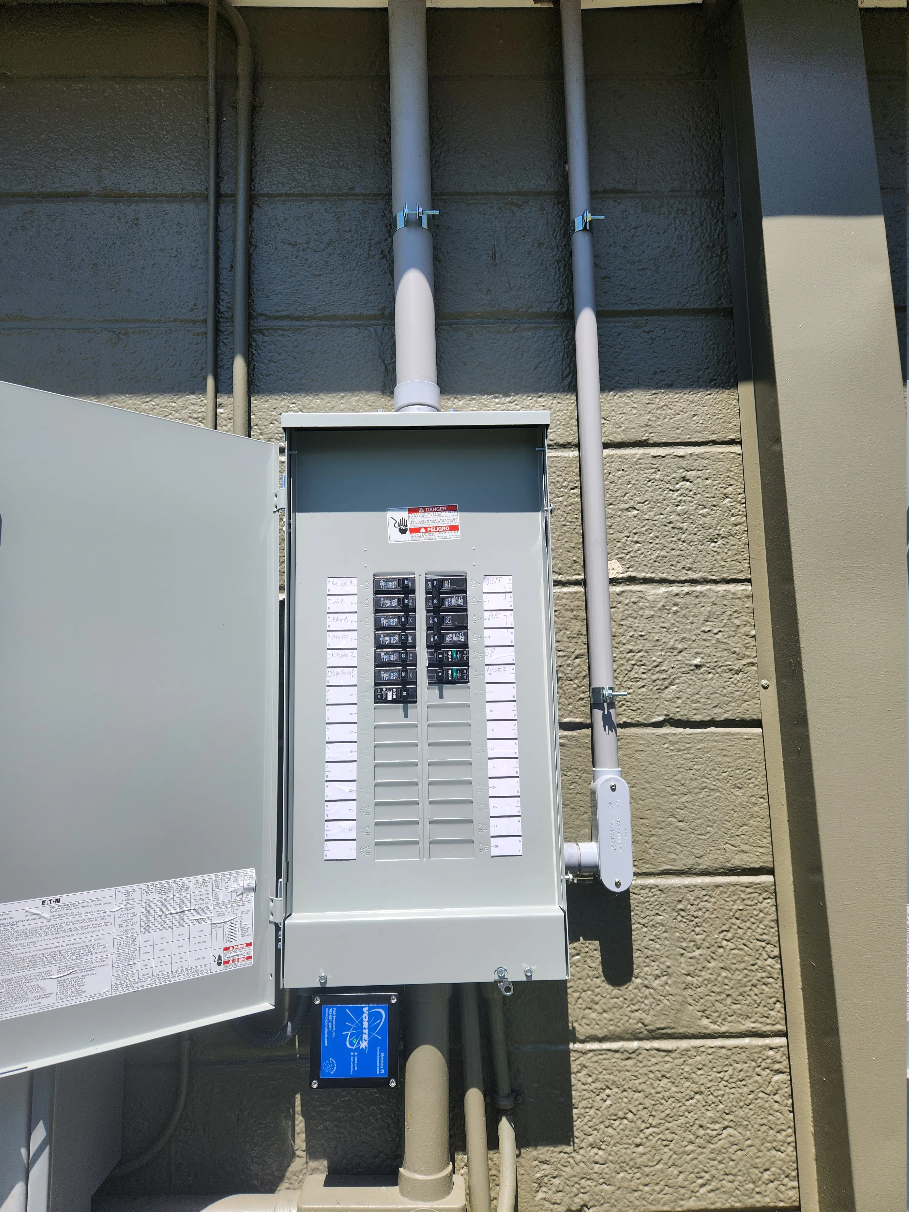 Replacement electrical panel installed during a historic home remodel in Wilmington, NC.