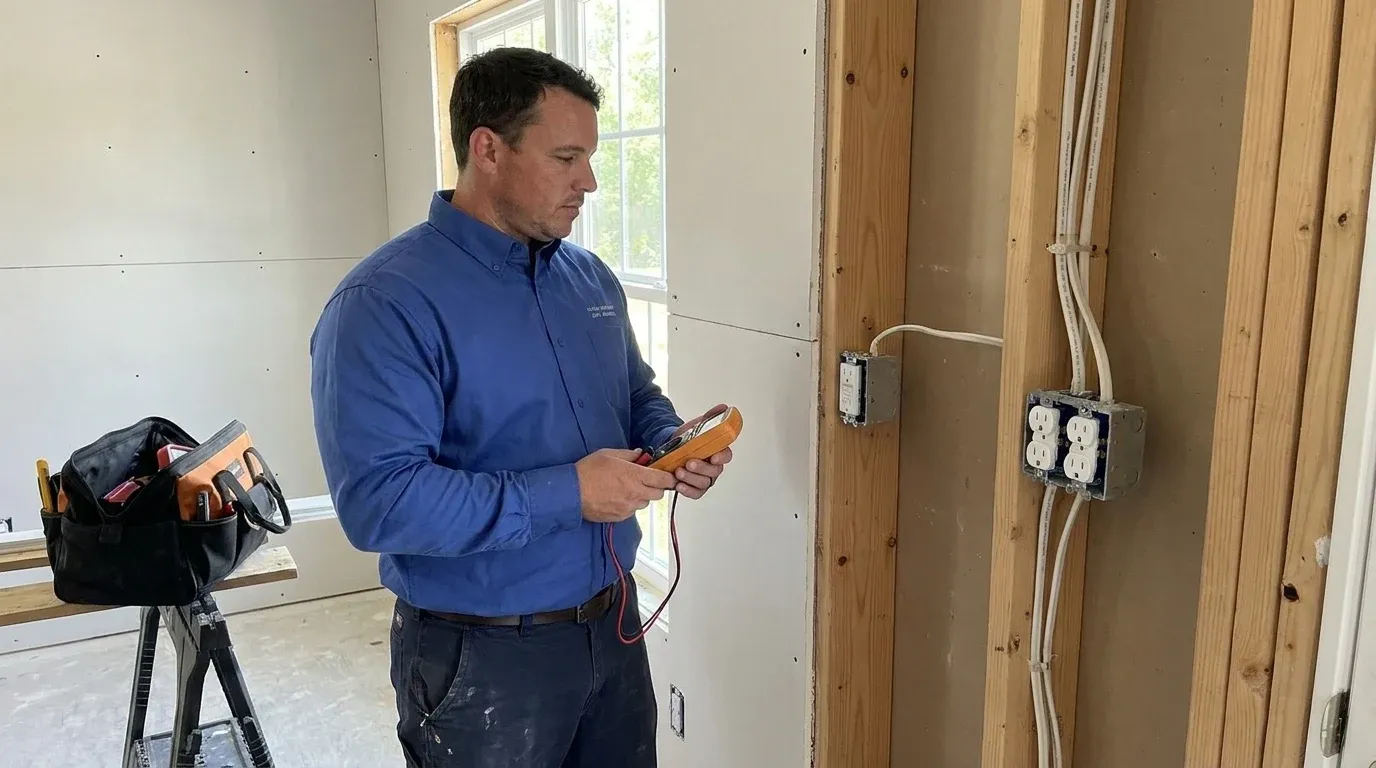 Coastal Comfort Electric technician verifying home addition electrical work in a Wilmington-area home.