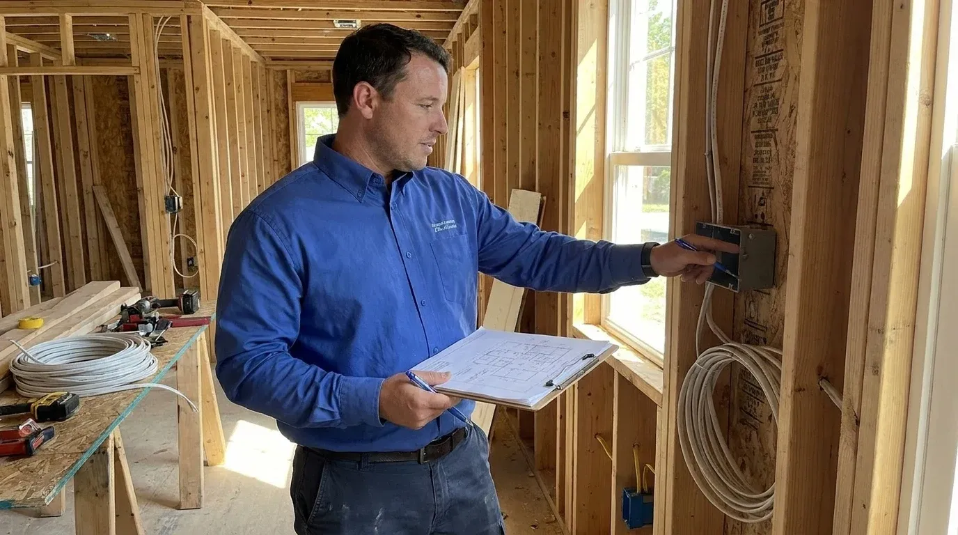 Coastal Comfort Electric Home Addition Electrical Field Review Coastal Comfort Electric technician checking electrical conditions for home addition electrical at a Wilmington-area home.