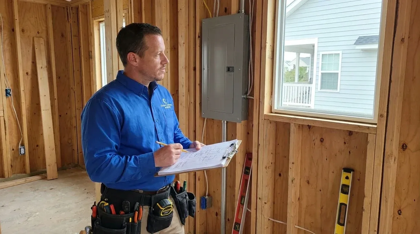 Coastal Comfort Electric Home Addition Electrical Planning Coastal Comfort Electric technician reviewing notes and materials for home addition electrical planning.