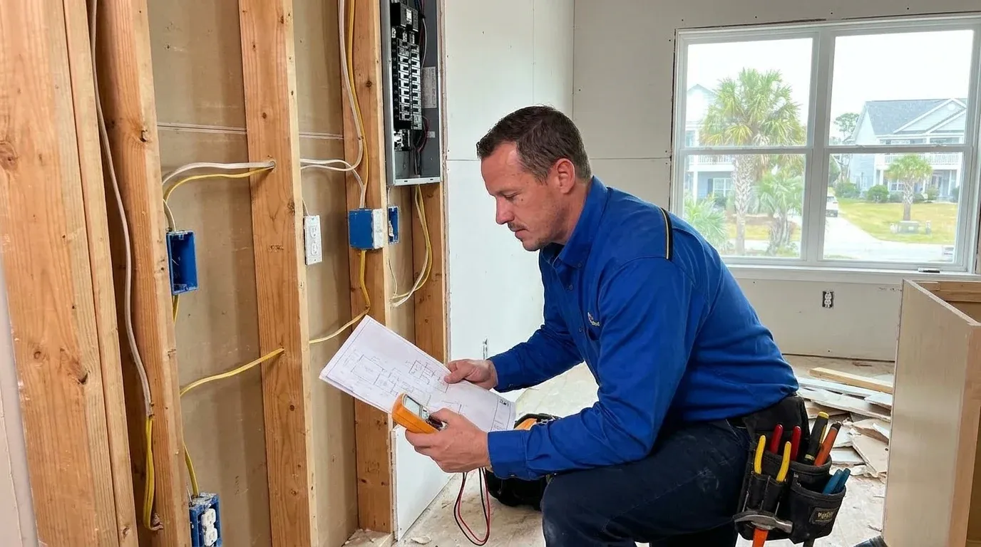 Coastal Comfort Electric technician reviewing home addition electrical needs at a Wilmington-area home.