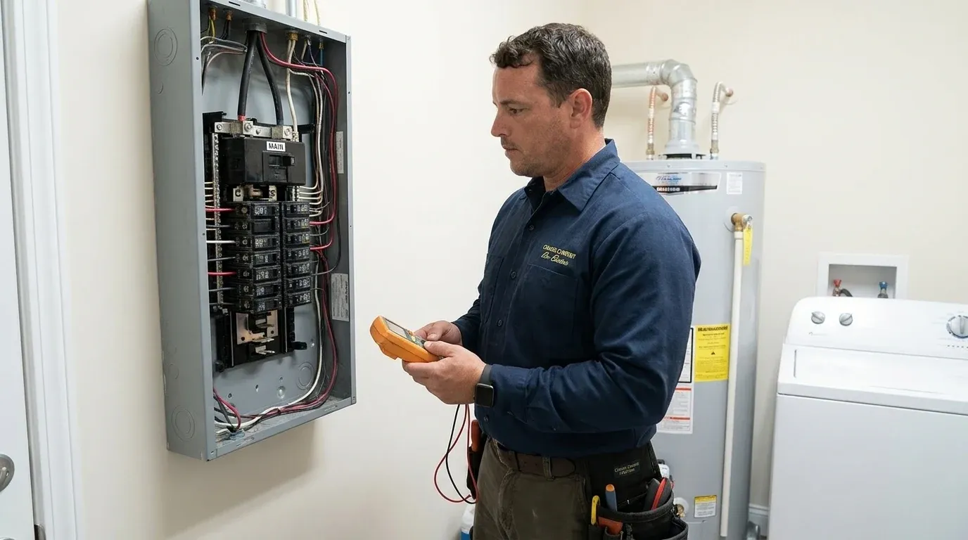 Coastal Comfort Electric technician verifying home electrical maintenance work in a Wilmington-area home.