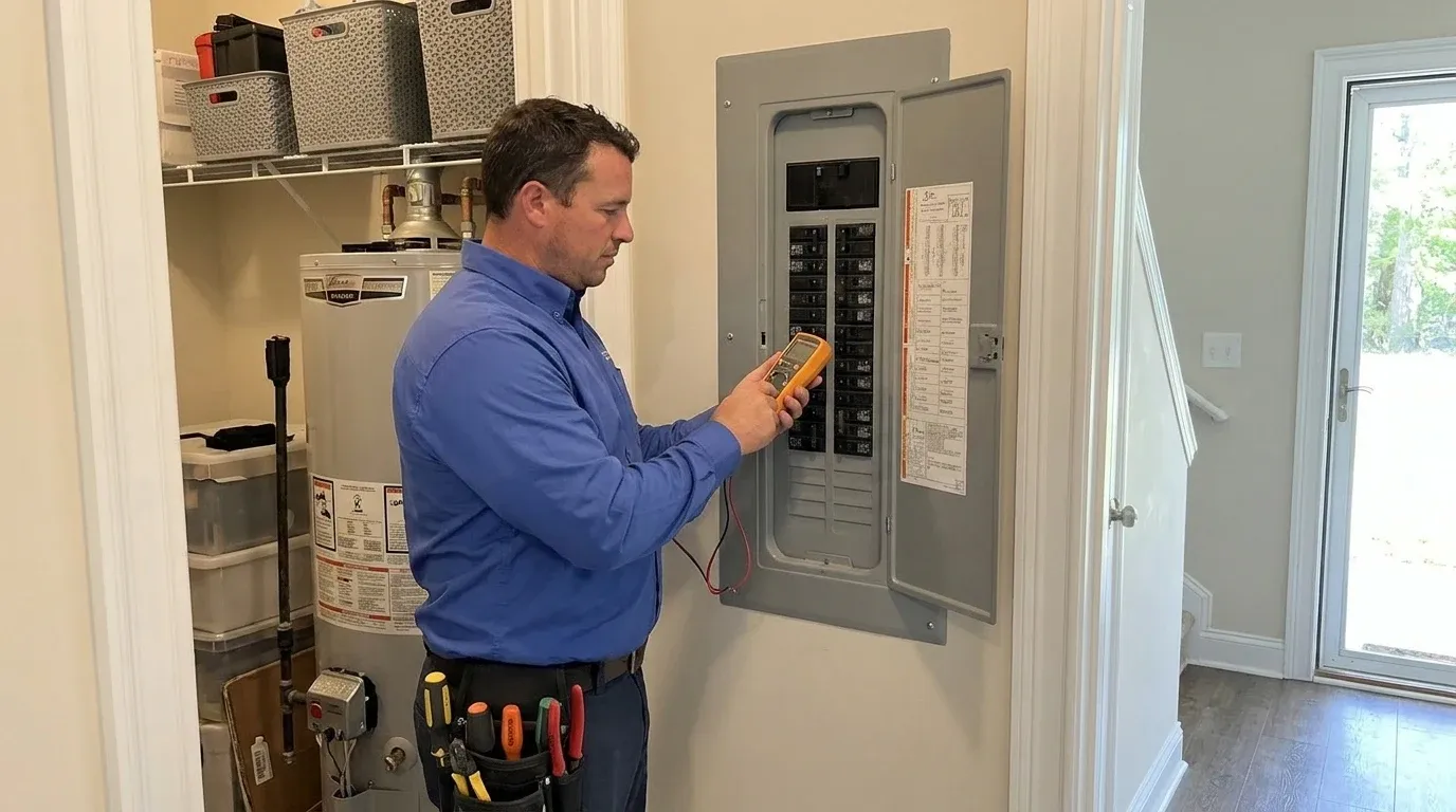 Coastal Comfort Electric Home Electrical Maintenance Field Review Coastal Comfort Electric technician checking electrical conditions for home electrical maintenance at a Wilmington-area home.