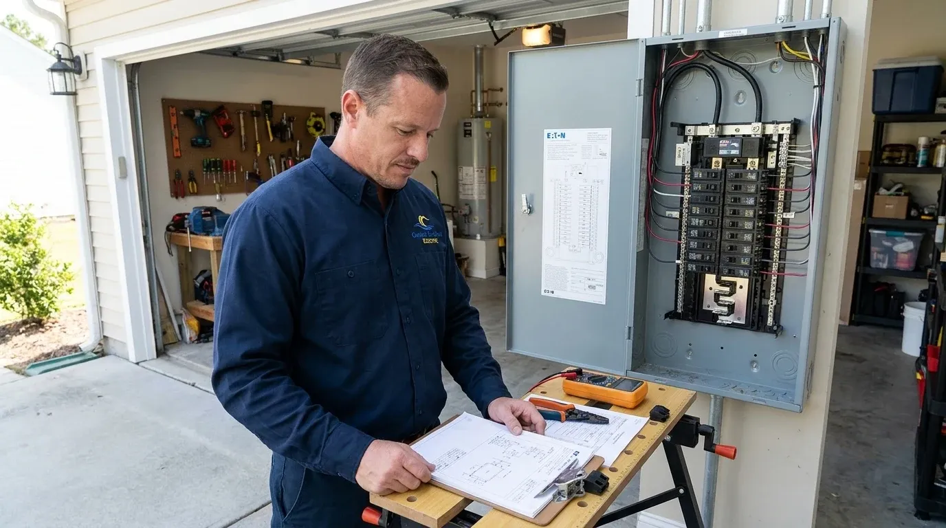Coastal Comfort Electric Home Electrical Maintenance Planning Coastal Comfort Electric technician reviewing notes and materials for home electrical maintenance planning.