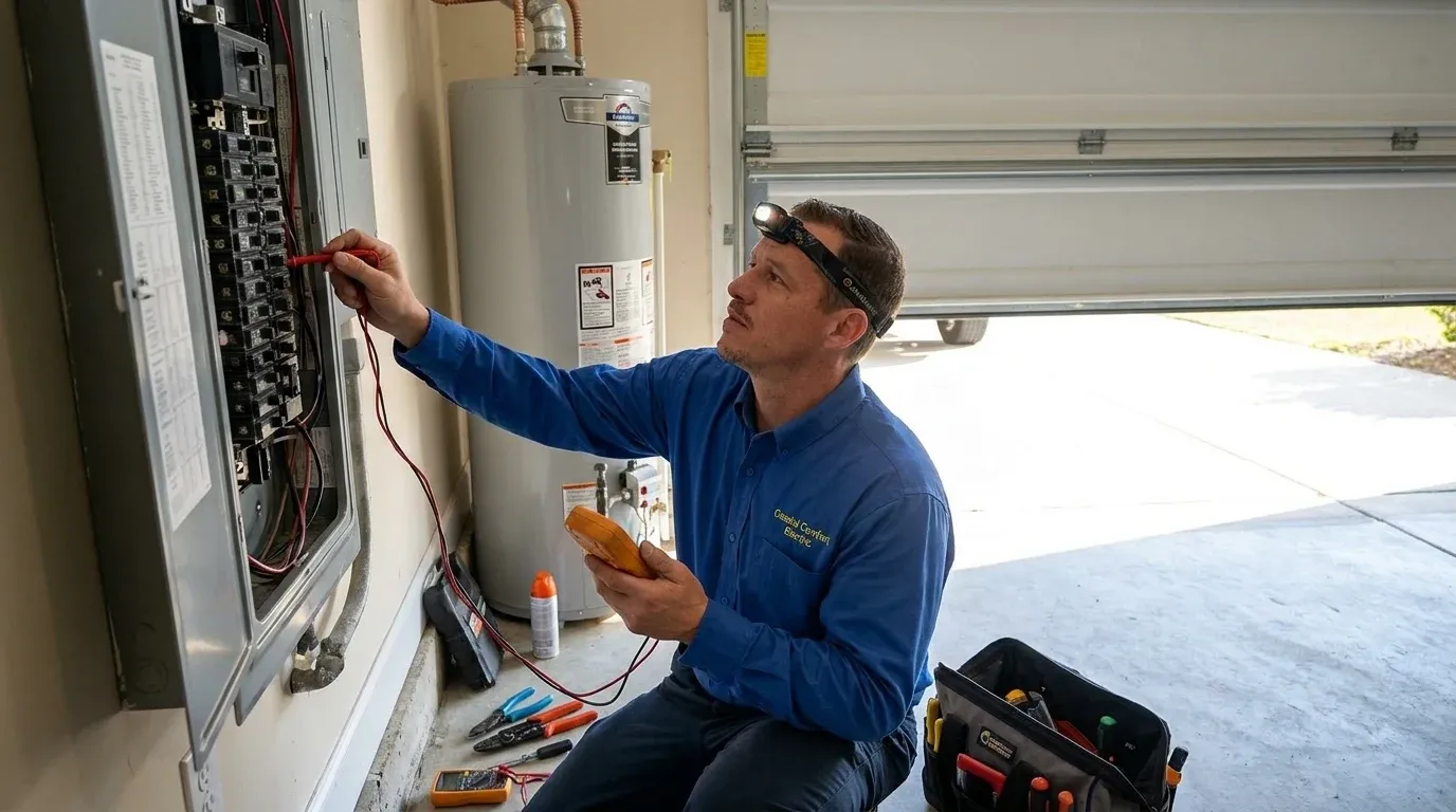 Coastal Comfort Electric technician reviewing home electrical maintenance needs at a Wilmington-area home.