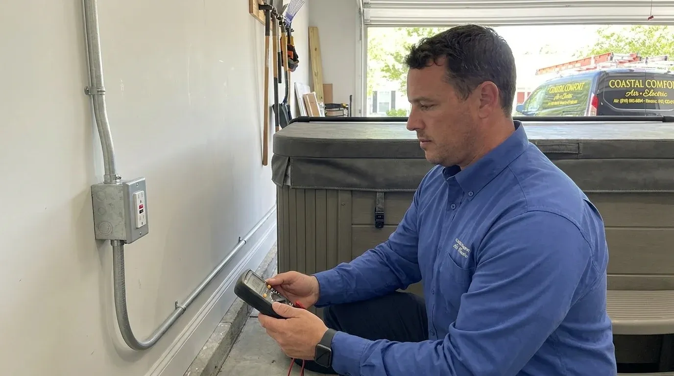 Coastal Comfort Electric technician verifying hot tub wiring work in a Wilmington-area home.